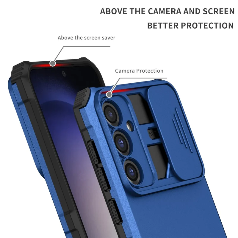 For Samsung Galaxy S23 FE Case Camera Slider PC + TPU Phone Cover with Kickstand - Blue