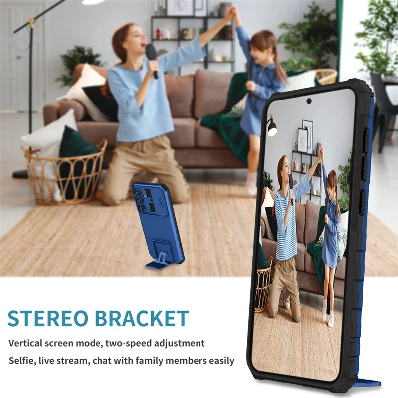 For Samsung Galaxy S23 FE Case Camera Slider PC + TPU Phone Cover with Kickstand - Blue
