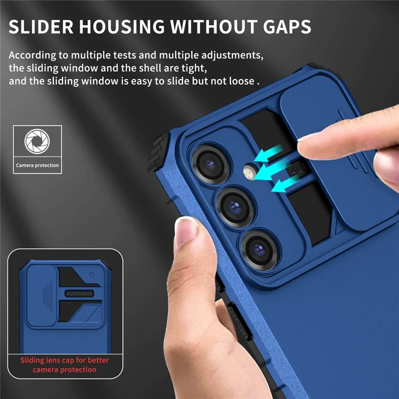 For Samsung Galaxy S23 FE Case Camera Slider PC + TPU Phone Cover with Kickstand - Blue