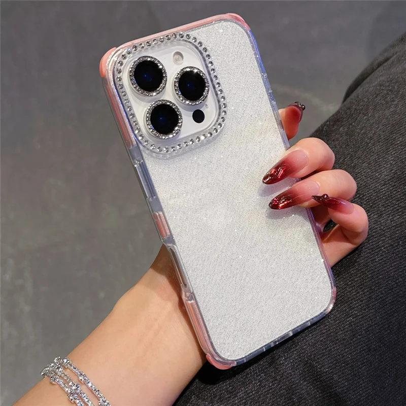 For iPhone 16 Pro Case Rhinestone Decor Glitter TPU Anti Drop Phone Cover - Pink