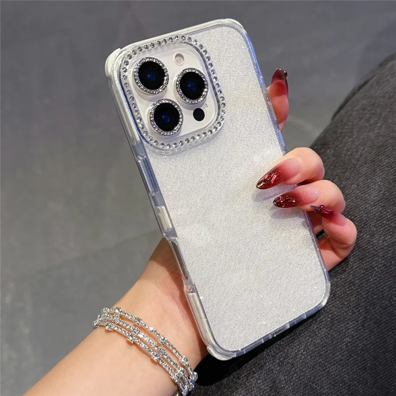 For iPhone 16 Pro Max Case Rhinestone Decor Glitter TPU Anti Drop Phone Cover - White