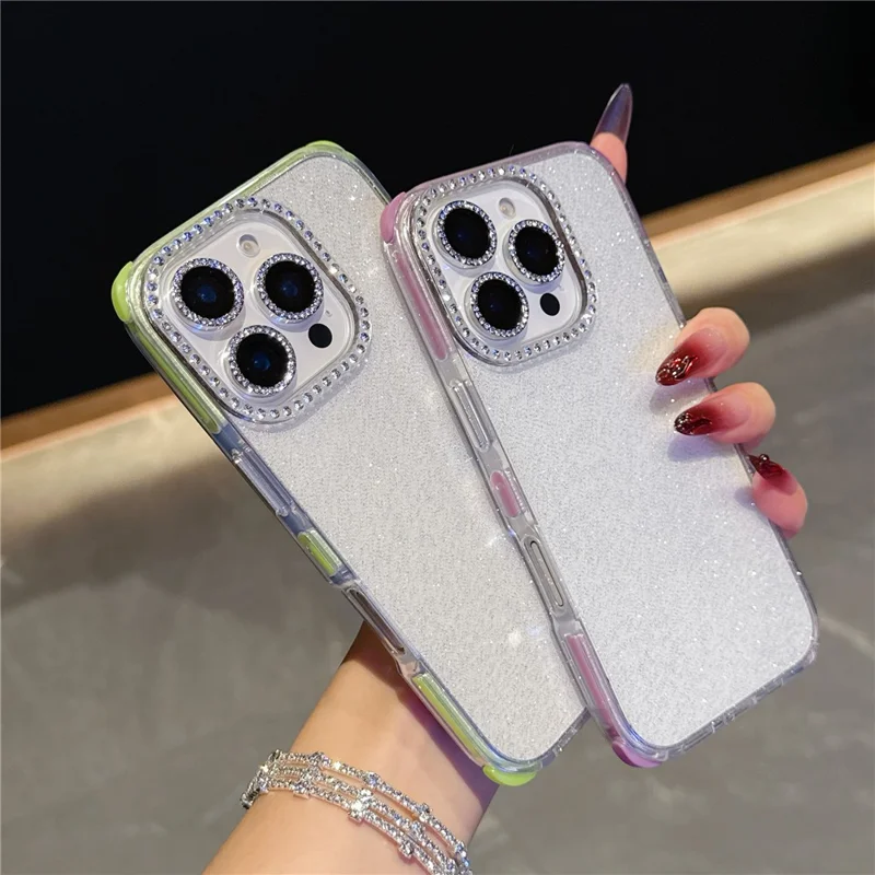 For iPhone 16 Pro Max Case Rhinestone Decor Glitter TPU Anti Drop Phone Cover - White