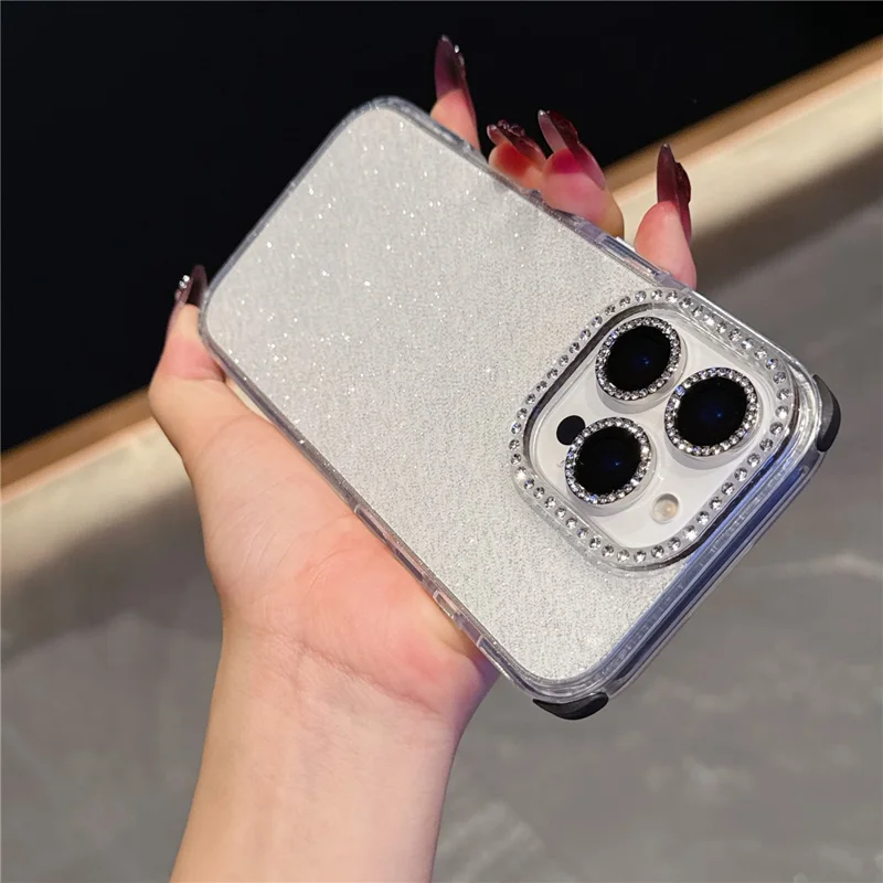 For iPhone 16 Pro Max Case Rhinestone Decor Glitter TPU Anti Drop Phone Cover - White