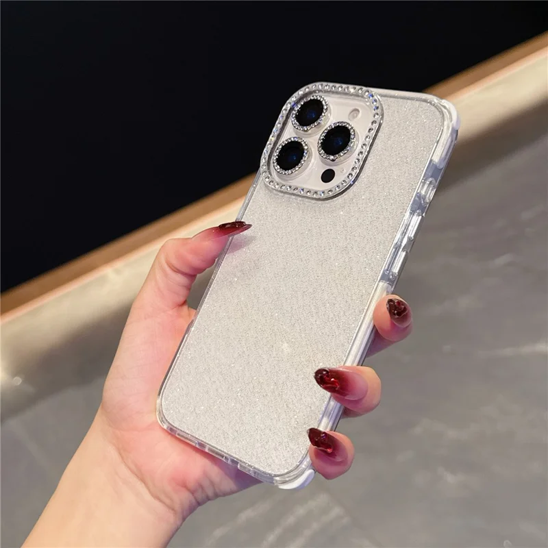 For iPhone 16 Pro Max Case Rhinestone Decor Glitter TPU Anti Drop Phone Cover - White