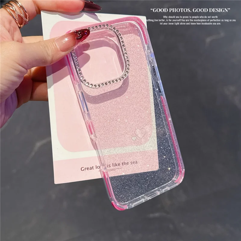 For iPhone 16 Pro Max Case Rhinestone Decor Glitter TPU Anti Drop Phone Cover - White