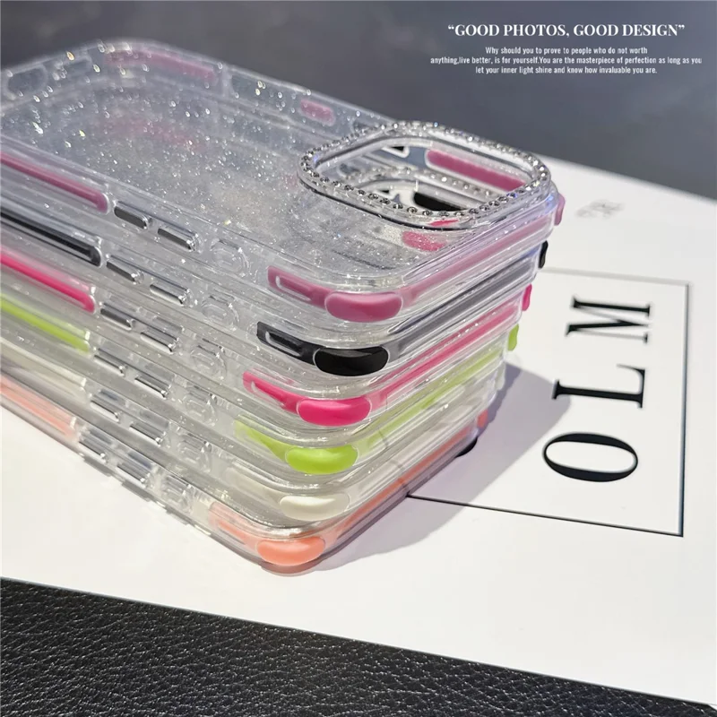 For iPhone 16 Pro Max Case Rhinestone Decor Glitter TPU Anti Drop Phone Cover - White