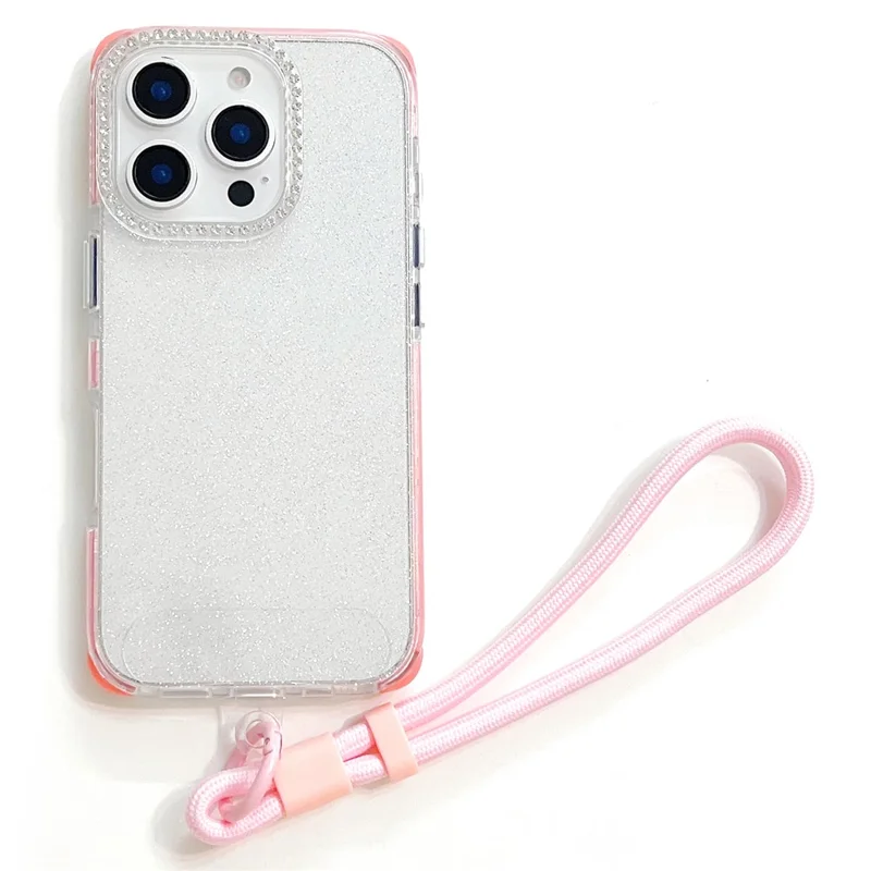 For iPhone 16 Pro Case Rhinestone Decor Glitter TPU Anti Drop Phone Cover with Adjustable Wrist Strap - Pink