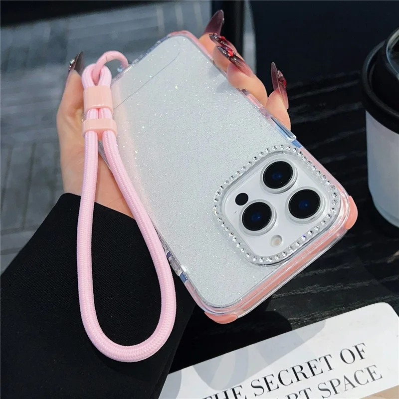 For iPhone 16 Pro Case Rhinestone Decor Glitter TPU Anti Drop Phone Cover with Adjustable Wrist Strap - Pink