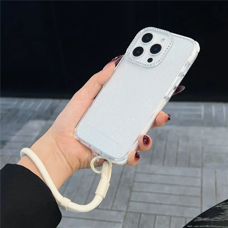 For iPhone 16 Pro Case Rhinestone Decor Glitter TPU Anti Drop Phone Cover with Adjustable Wrist Strap - Pink