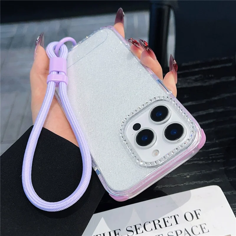 For iPhone 16 Pro Max Case Rhinestone Decor Glitter TPU Anti Drop Phone Cover with Adjustable Wrist Strap - Purple - Purple