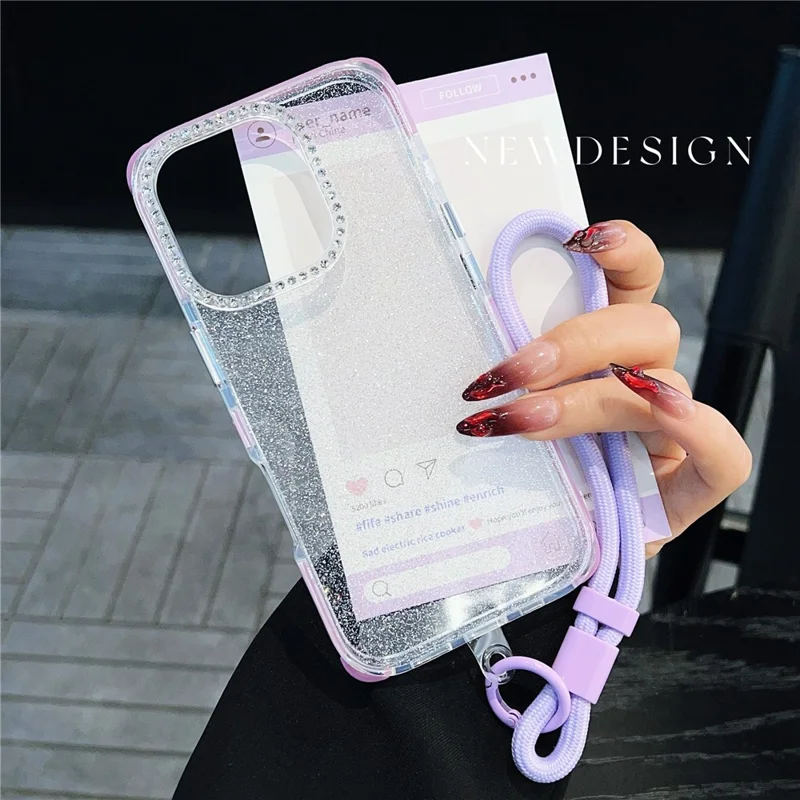 For iPhone 16 Pro Max Case Rhinestone Decor Glitter TPU Anti Drop Phone Cover with Adjustable Wrist Strap - Purple - Purple