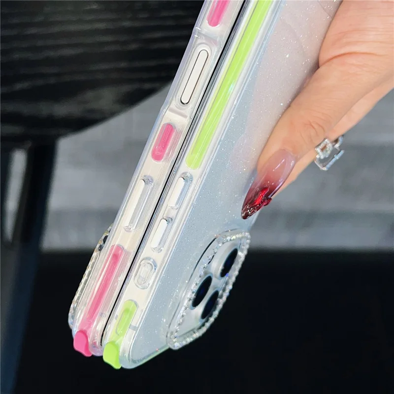 For iPhone 16 Pro Max Case Rhinestone Decor Glitter TPU Anti Drop Phone Cover with Adjustable Wrist Strap - Purple - Purple