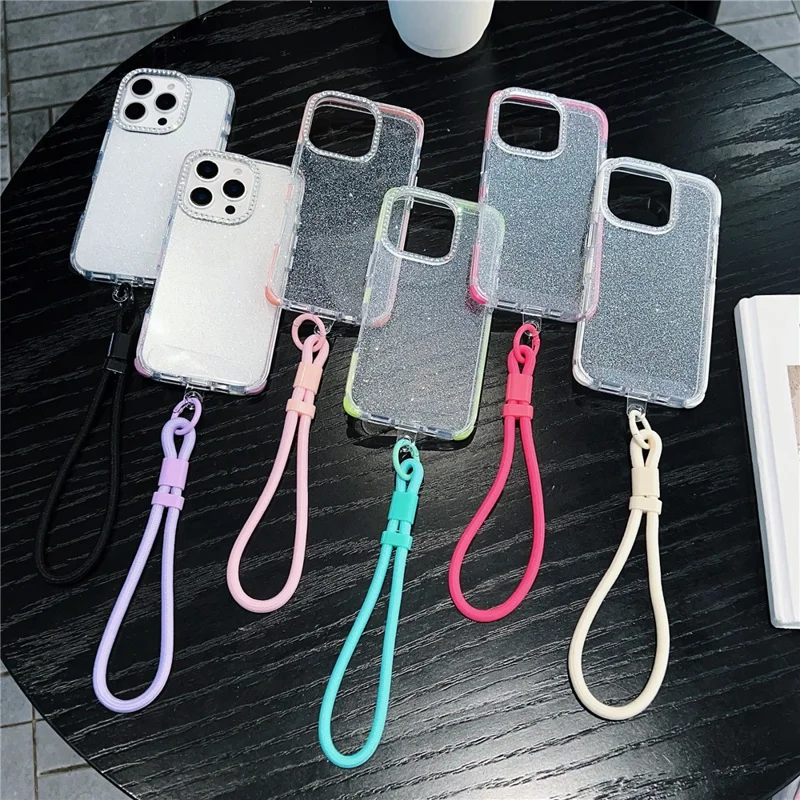 For iPhone 16 Pro Max Case Rhinestone Decor Glitter TPU Anti Drop Phone Cover with Adjustable Wrist Strap - Purple - Purple