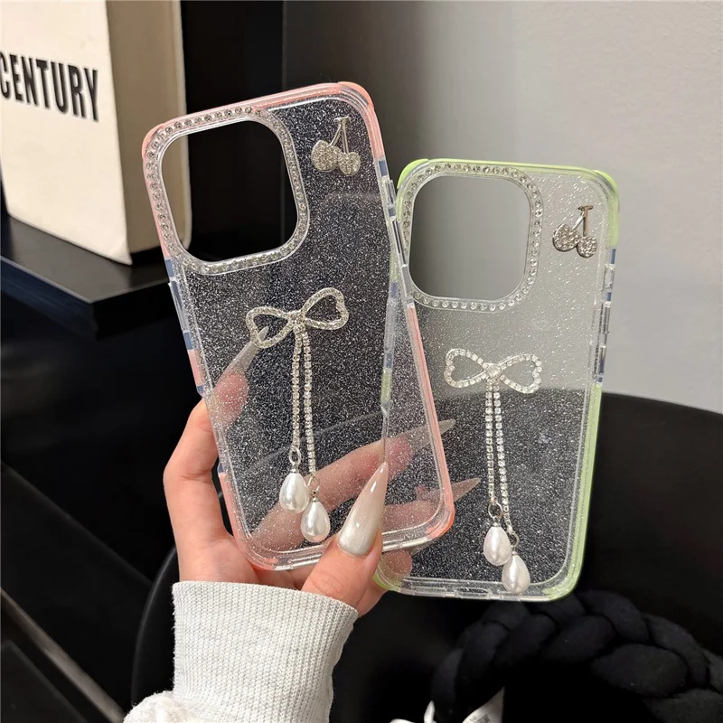 For iPhone 16 Pro Case Rhinestone Decor Glitter TPU Phone Cover with Bow Tassel - White