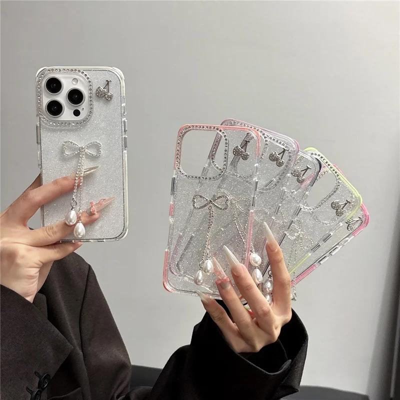 For iPhone 16 Pro Case Rhinestone Decor Glitter TPU Phone Cover with Bow Tassel - White