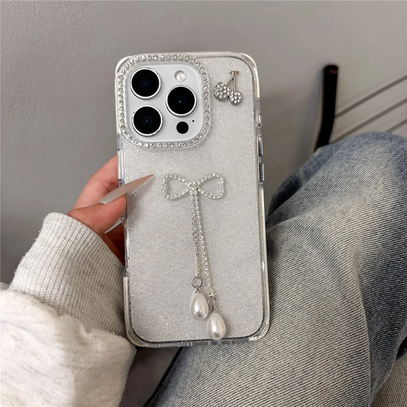 For iPhone 16 Pro Max Case Rhinestone Decor Glitter TPU Phone Cover with Bow Tassel - White