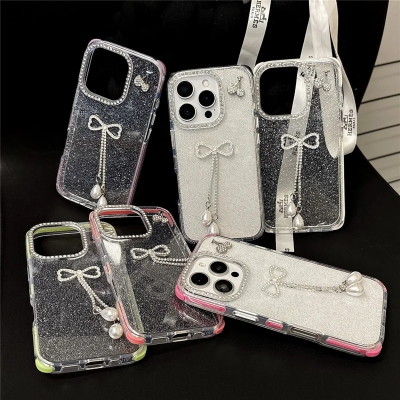 For iPhone 16 Pro Max Case Rhinestone Decor Glitter TPU Phone Cover with Bow Tassel - White