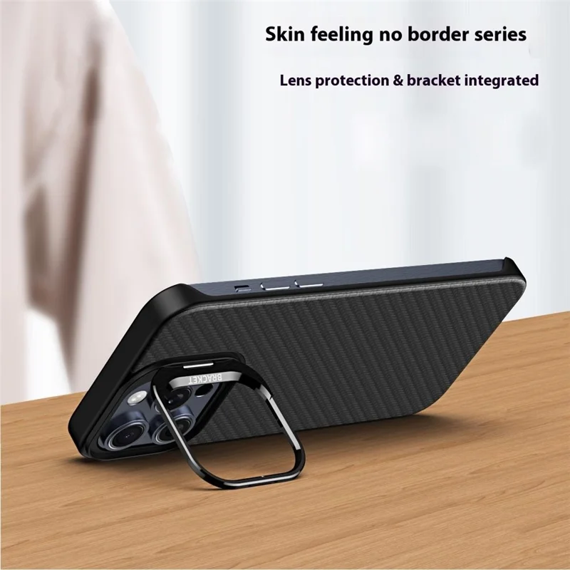 For iPhone 15 Pro Magnetic Case Lens Frame Kickstand Genuine Cow Leather + PC Borderless Phone Cover - Blue