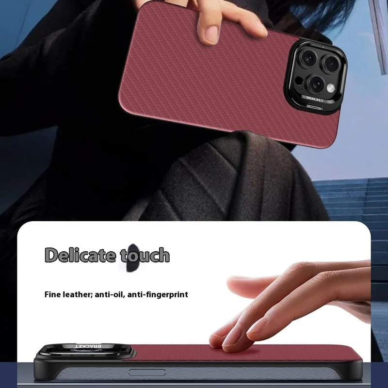 For iPhone 15 Pro Magnetic Case Lens Frame Kickstand Genuine Cow Leather + PC Borderless Phone Cover - Blue