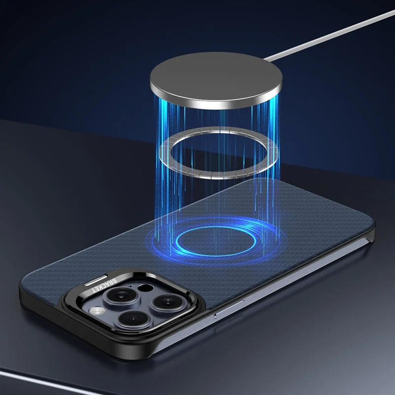 For iPhone 15 Pro Magnetic Case Lens Frame Kickstand Genuine Cow Leather + PC Borderless Phone Cover - Blue