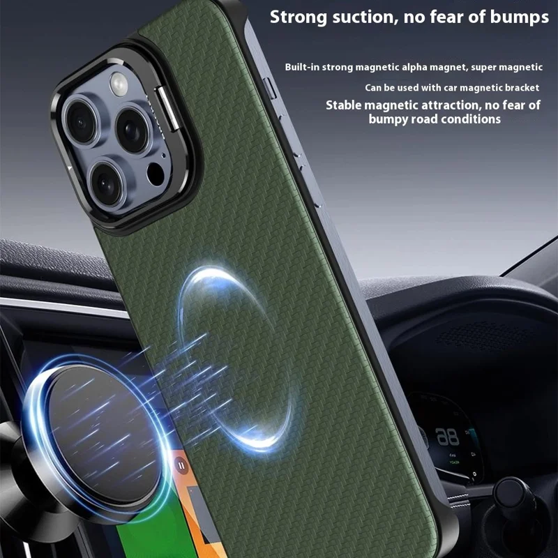 For iPhone 15 Pro Magnetic Case Lens Frame Kickstand Genuine Cow Leather + PC Borderless Phone Cover - Blue