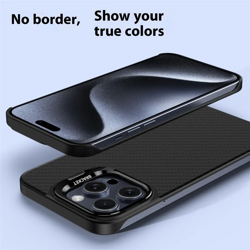 For iPhone 15 Pro Magnetic Case Lens Frame Kickstand Genuine Cow Leather + PC Borderless Phone Cover - Blue