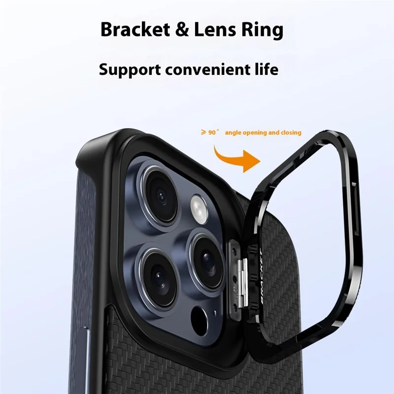 For iPhone 15 Pro Magnetic Case Lens Frame Kickstand Genuine Cow Leather + PC Borderless Phone Cover - Blue