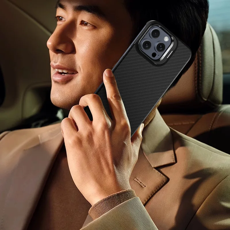 For iPhone 15 Pro Magnetic Case Lens Frame Kickstand Genuine Cow Leather + PC Borderless Phone Cover - Blue