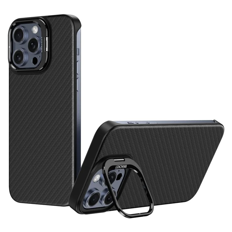 Cover per iPhone 15 Pro Max Magnetico con Cornice per Lente, Supporto e Vera Pelle di Mucca + Cover Telefonica Borderless in PC - Nero