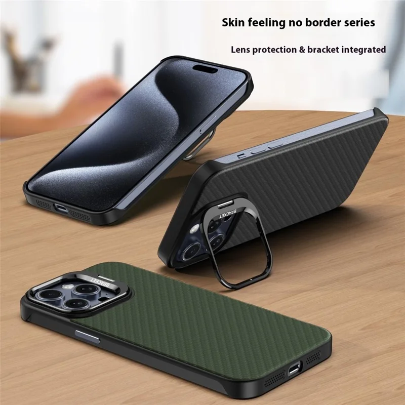 For iPhone 15 Pro Max Magnetic Case Lens Frame Kickstand Genuine Cow Leather + PC Borderless Phone Cover - Blue