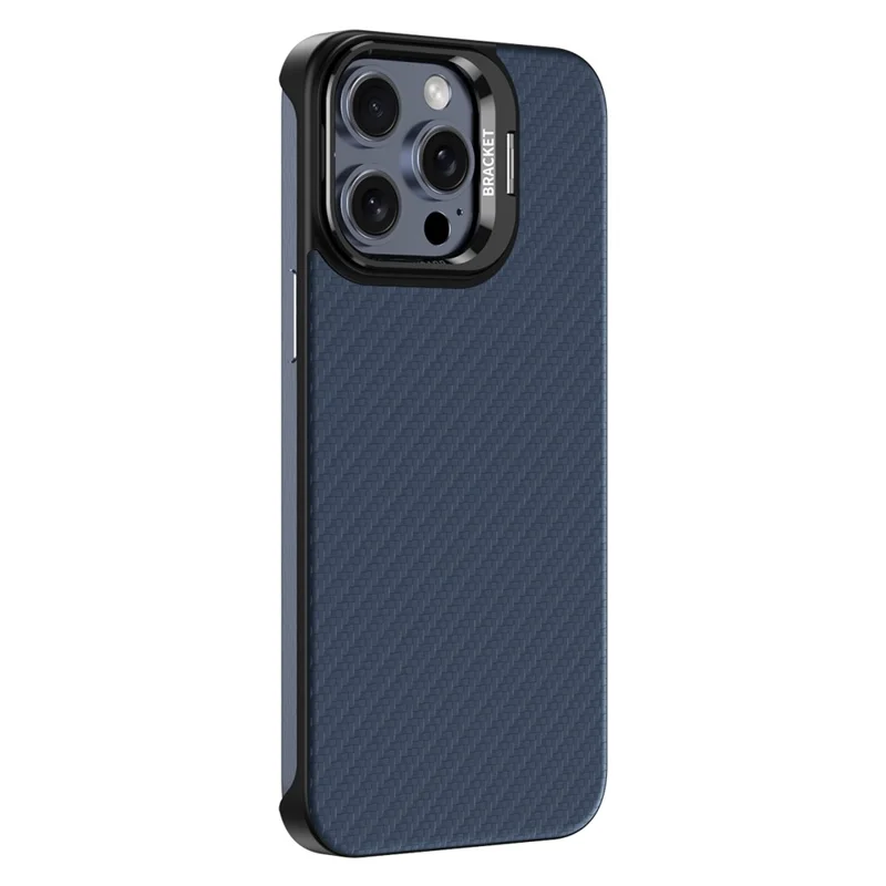 For iPhone 15 Pro Max Magnetic Case Lens Frame Kickstand Genuine Cow Leather + PC Borderless Phone Cover - Blue