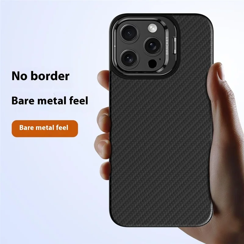 For iPhone 15 Pro Max Magnetic Case Lens Frame Kickstand Genuine Cow Leather + PC Borderless Phone Cover - Blue