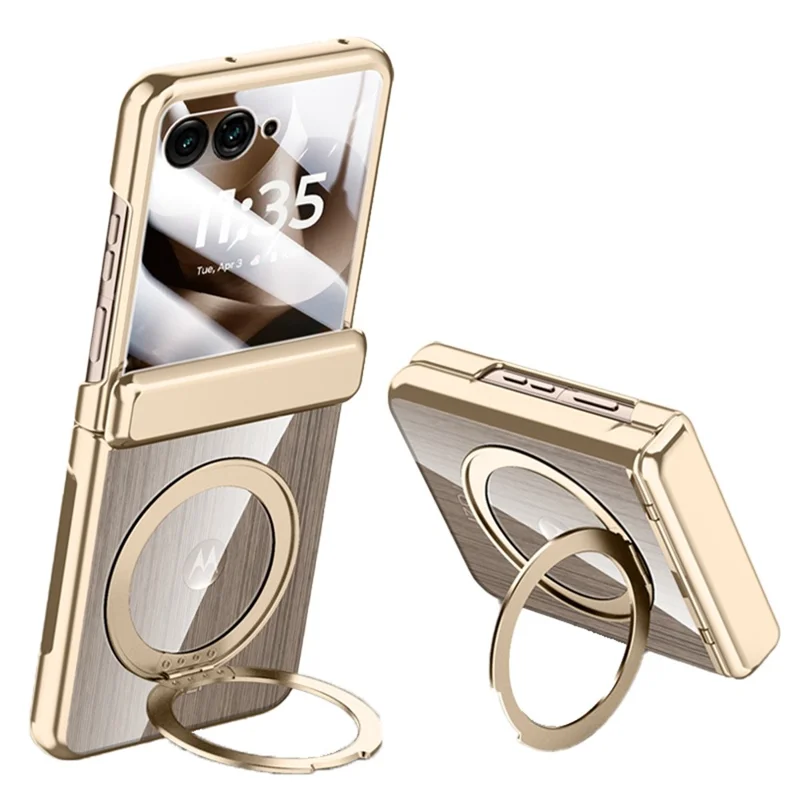 Magnetic Case for Motorola Razr 60 Ultra 5G Kickstand Electroplated PC Phone Cover Built-In Screen Protector - Gold