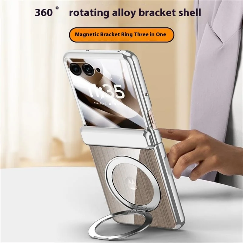 Magnetic Case for Motorola Razr 60 Ultra 5G Kickstand Electroplated PC Phone Cover Built-In Screen Protector - Gold