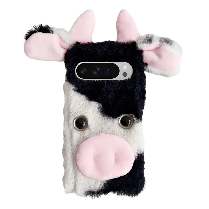 For Google Pixel 10 Pro XL Case Fluffy Cute Cow Winter Plush Inner TPU Phone Cover - Black