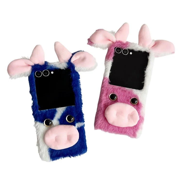 For Samsung Galaxy Z Flip7 5G Case Plush Cow Hard PC Protective Phone Cover - Blue