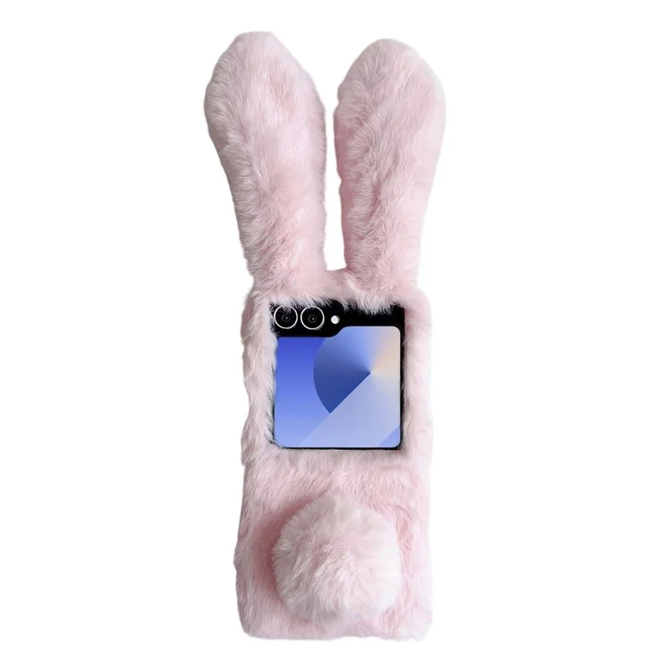 Funda para Samsung Galaxy Z Flip7 5G con orejas de conejo y peluche de invierno Cubierta de teléfono dura de PC - Rosa