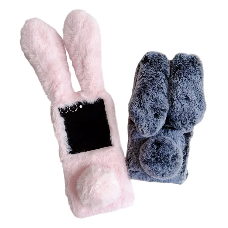 Funda para Samsung Galaxy Z Flip7 5G con orejas de conejo y peluche de invierno Cubierta de teléfono dura de PC - Rosa