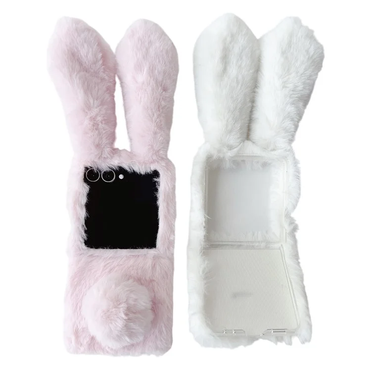 Funda para Samsung Galaxy Z Flip7 5G con orejas de conejo y peluche de invierno Cubierta de teléfono dura de PC - Rosa