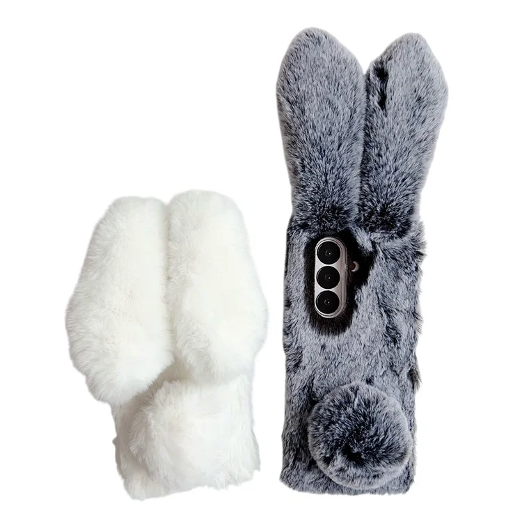For Samsung Galaxy Z Fold7 5G Case Bunny Ears Winter Plush Hard PC Phone Cover - White