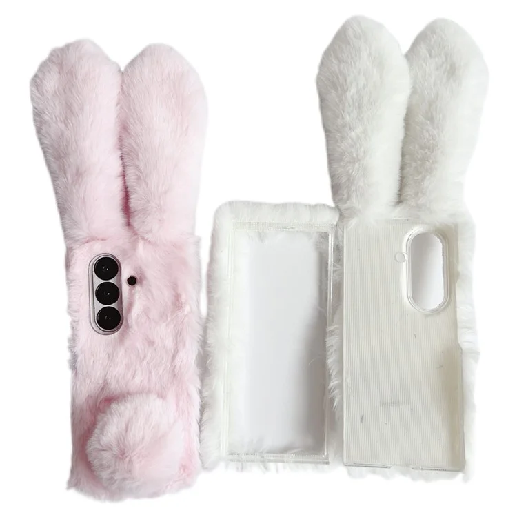 For Samsung Galaxy Z Fold7 5G Case Bunny Ears Winter Plush Hard PC Phone Cover - White