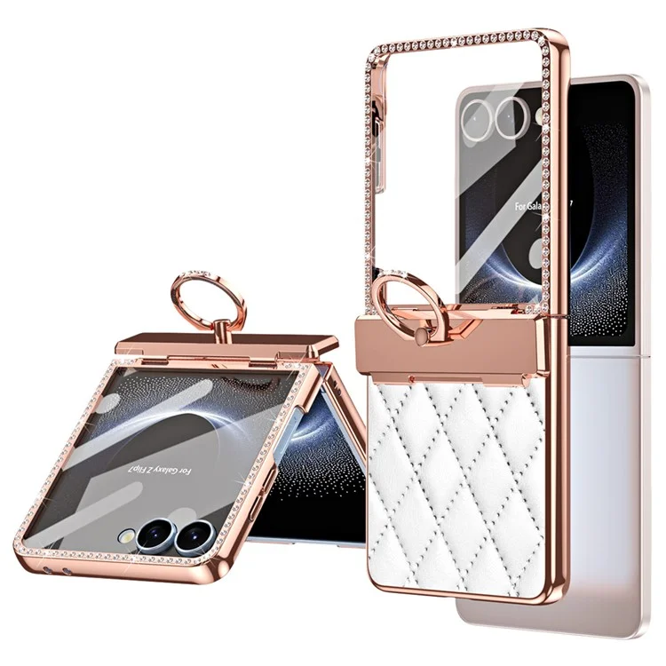 Für Samsung Galaxy Z Flip7 5G Hülle Ringhalter Strass Leder + PC Hülle mit Rückbildschirmfolie - Weiß