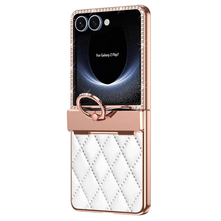 Für Samsung Galaxy Z Flip7 5G Hülle Ringhalter Strass Leder + PC Hülle mit Rückbildschirmfolie - Weiß