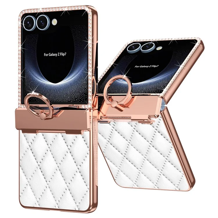 Für Samsung Galaxy Z Flip7 5G Hülle Ringhalter Strass Leder + PC Hülle mit Rückbildschirmfolie - Weiß