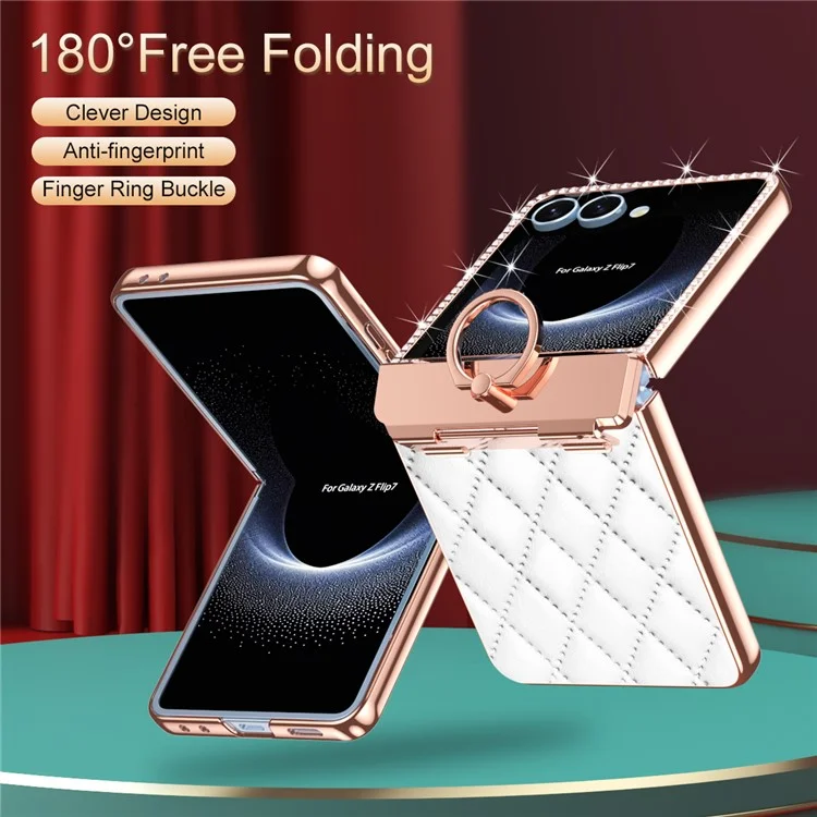 Für Samsung Galaxy Z Flip7 5G Hülle Ringhalter Strass Leder + PC Hülle mit Rückbildschirmfolie - Weiß