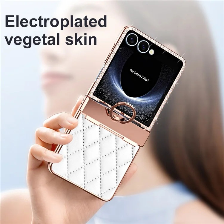 Für Samsung Galaxy Z Flip7 5G Hülle Ringhalter Strass Leder + PC Hülle mit Rückbildschirmfolie - Weiß