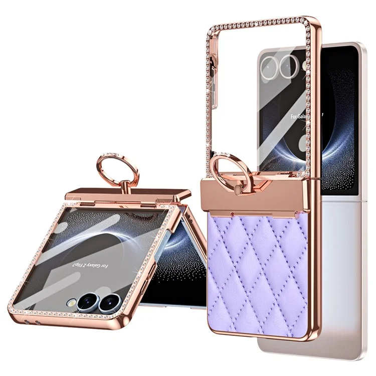 For Samsung Galaxy Z Flip7 5G Case Ring Holder Rhinestone Leather + PC Cover with Rear Screen Film - Purple