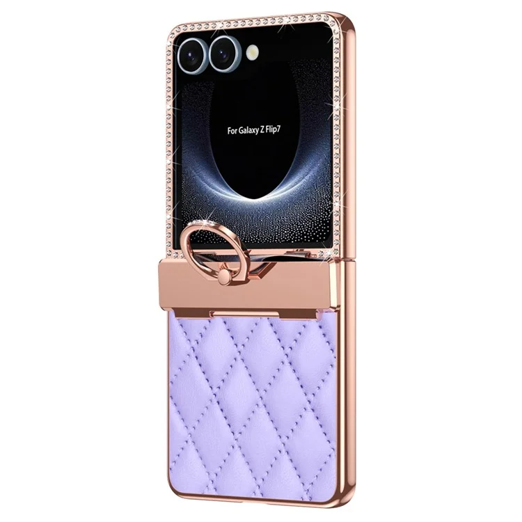 For Samsung Galaxy Z Flip7 5G Case Ring Holder Rhinestone Leather + PC Cover with Rear Screen Film - Purple