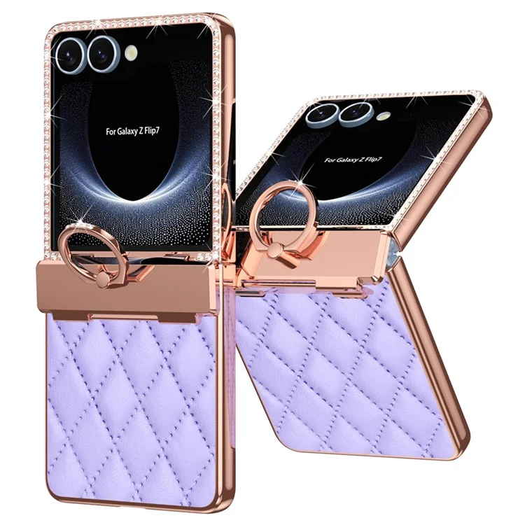 For Samsung Galaxy Z Flip7 5G Case Ring Holder Rhinestone Leather + PC Cover with Rear Screen Film - Purple