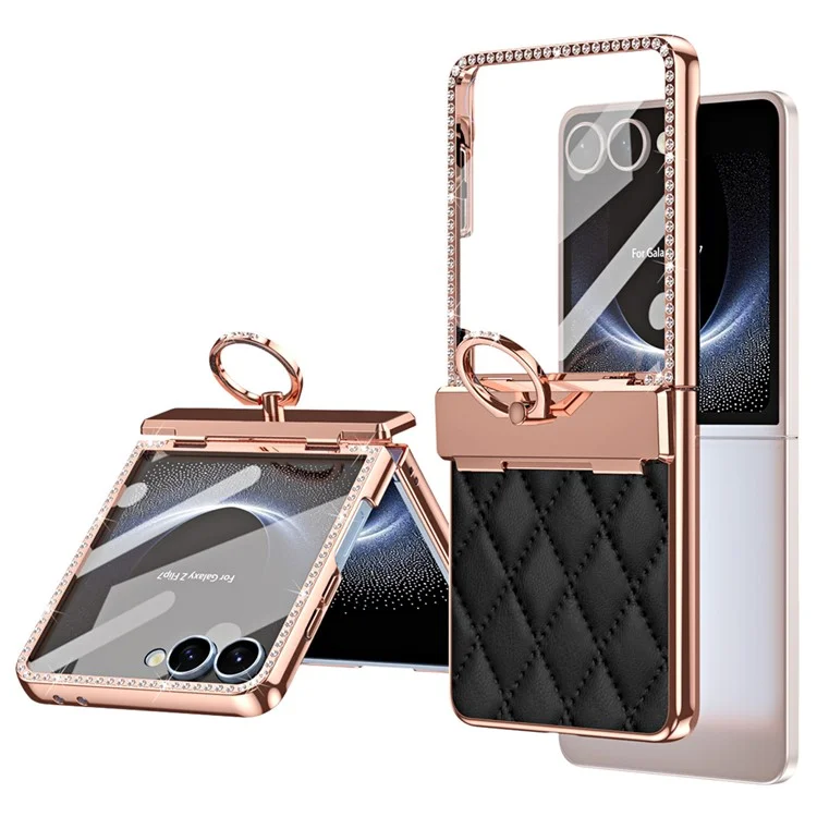For Samsung Galaxy Z Flip7 5G Case Ring Holder Rhinestone Leather + PC Cover with Rear Screen Film - Black